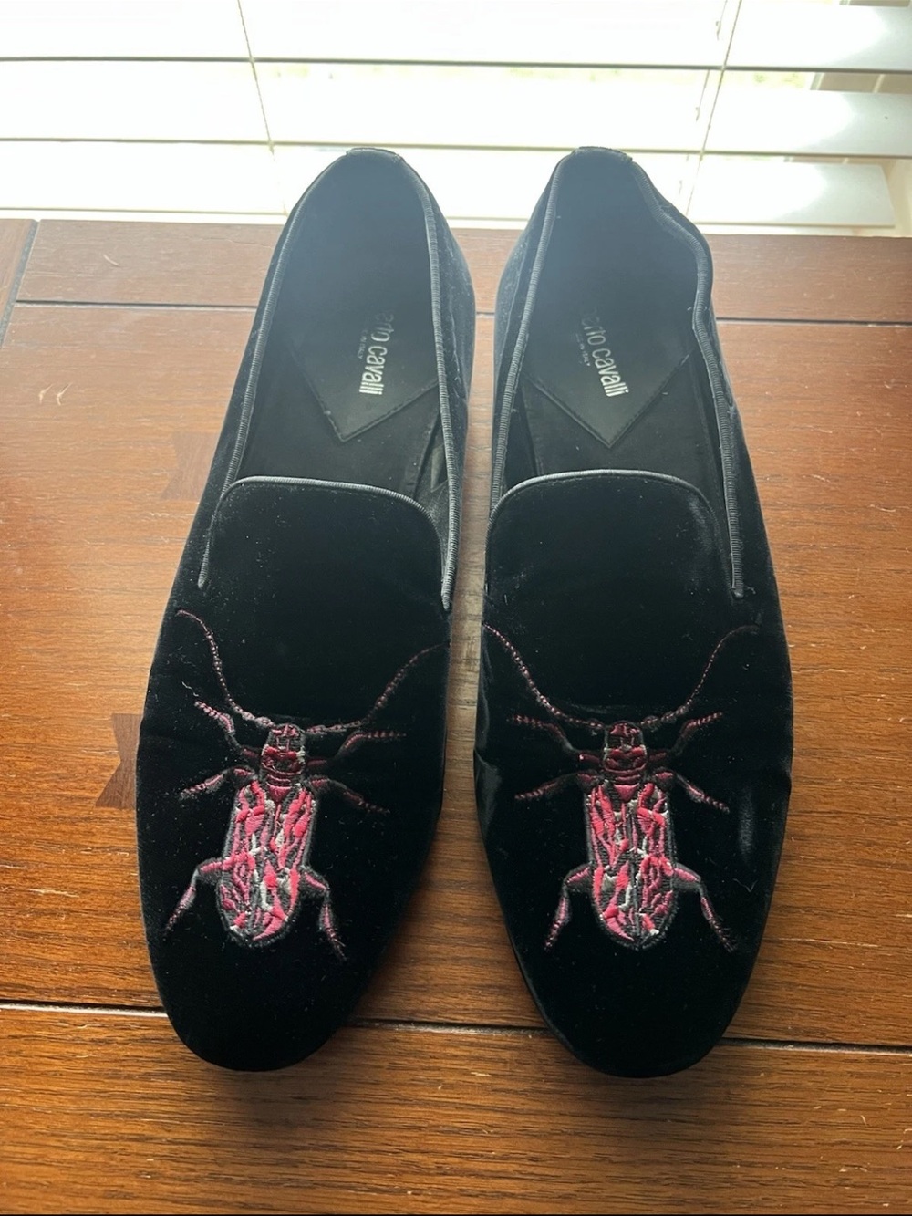 Roberto Cavalli Men Black Velvet Beetle Loafers Embroidered Size 45 EU-12 US